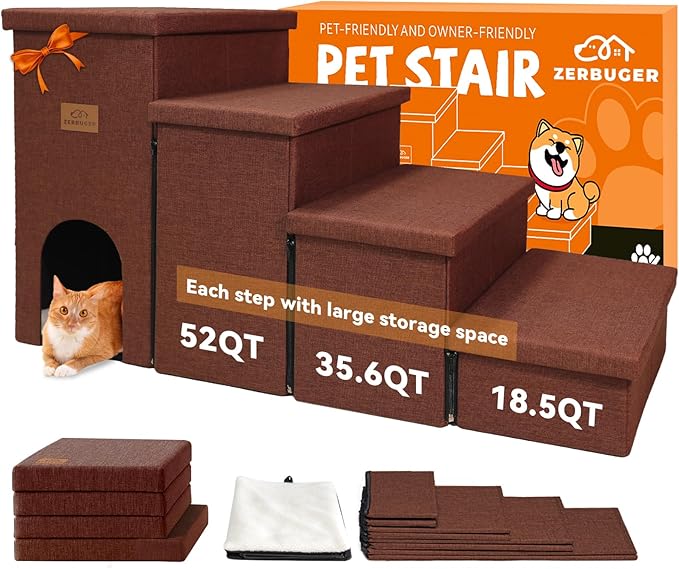 Zerbuger Dog Stairs with Condo 23" H, 4-Step Wider Dog Steps for High Beds Window, Folding Storage Pet Stairs Gift for Small/Medium/Large Old Dogs Cats, Ramp for Climbing Car Hold Up to 200 lbs, Brown