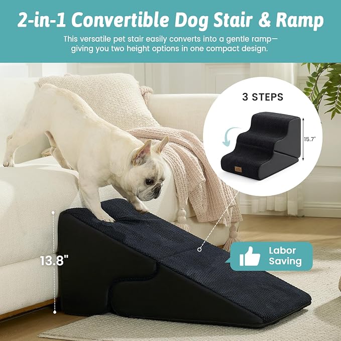 COZY KISS Dog Stairs for Small Dogs, 3-Step 2-in-1 Dog Steps,15.7" H | 3-step dog stairs and ramps for Old Cats, Puppy, Small Dogs,Non-Slip Base,for Couch & Bed, Black