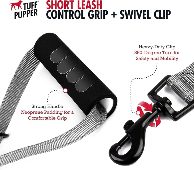 Tuff Pupper Service Leash with Handle - 18 Inch, Gray, Perfect for Service & Large Dog Training, Traffic Handle with Padding