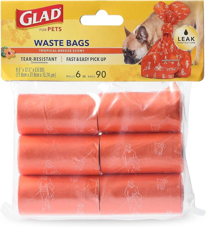 Glad for Pets Heavy Duty Dog Poop Bags, Scented Leak-Resistant Waste Bags with Fun Print Design, Tear-Resistant for Confident Pickup, Fits Standard Dispensers, 6 Rolls, 90 Count