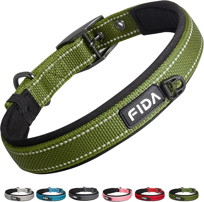 Fida Heavy Duty Dog Collar for Large Dogs with Metal Belt Buckle, Green | Soft Neoprene Padded for Extra Comfort, Thicker Nylon Webbing, Adjustable Fit, Reflective Stitching for Night Safety