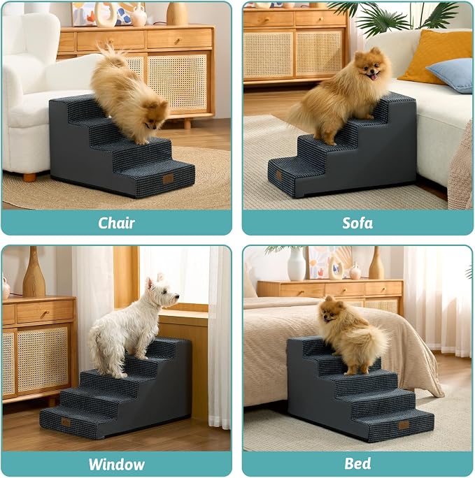 COZY KISS Dog Stairs for Small Dogs, 4 Step Pet Stairs for Beds & Couches | 15.7" H Non-Slip Dog Steps for Bed & Sofa, Gentle Incline for Puppies, Senior Cats, and Small Dogs, Charcoal Grey
