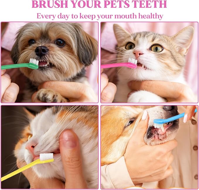 200Pcs Dog Toothbrushes, Dual Headed Dog Tooth Brush Bulk, Long Handle Plastic Pet Toothbrush for Large Small Dogs Cats Puppy Teeth Cleaning Dental Care Supplies 8 Colors