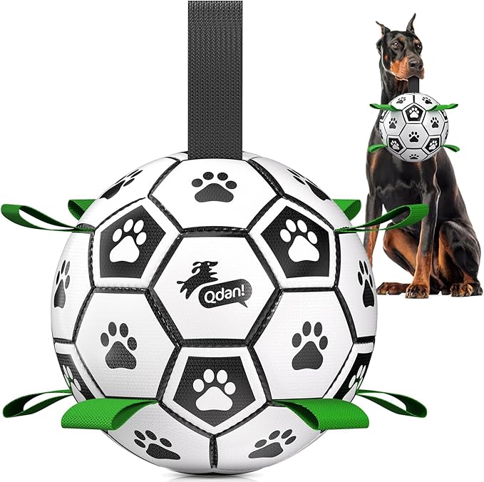 QDAN 10 Inch Gaint Dog Soccer Ball with Straps, Durable Large Dogs Balls | Outdoor Big Dog Toys, Herding Balls for Large Dogs, Puppy Toy for >100 lbs Dogs, Interactive Training Soccer, Pool Water Toy