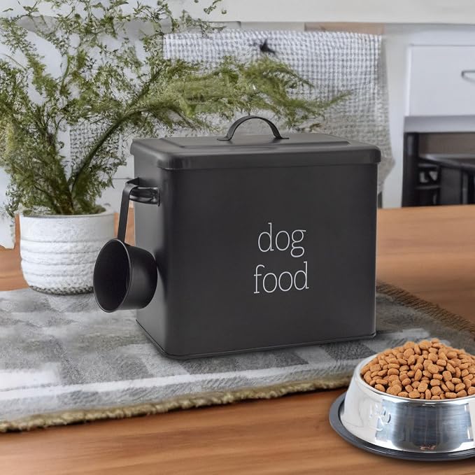 AuldHome Design Retro Dog Food Canister (Black); Modern Farmhouse Style Storage Bin for Pet, Stainless Steel, Black
