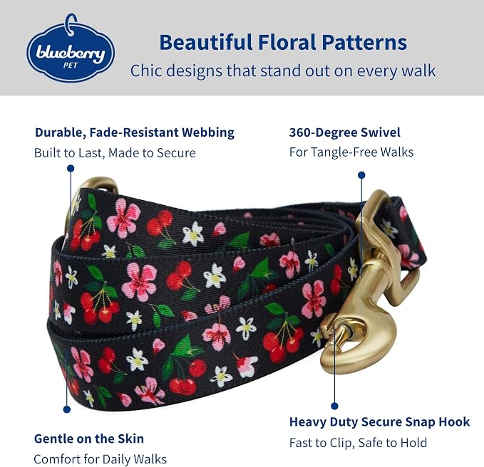 Blueberry Pet 9 Patterns Cherry Garden Black Dog Leash 5 ft x 3/4", Medium, Leashes for Dogs