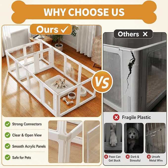 2PCS Extension Kit for Acrylic Dog Playpen Indoor, 23.6 Inch DIY Kit Expansion for Puppy Playpens with Easy Assemble, Easy Clean Acrylic Panels (White, 1 Panels + 1 Gate + 4 Khaki T-Buckles)