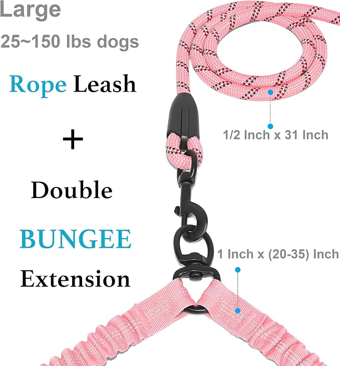 iYoShop Double Dog Leash, 360° Swivel, No Tangle, Large, Baby Pink | Dual Leash for Two Dogs, Split Leash, Shock-Absorbing Bungee, Padded Handle, Heavy-Duty Rope