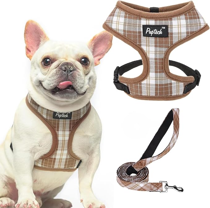 PUPTECK Soft Mesh Dog Harness and Leash Set Pet Puppy Cat Comfort Padded Vest No Pull Harnesses, Brown, L
