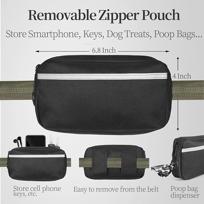 iYoShop Hands Free Dog Leash with Zipper Pouch, Large, Military Green | Waist Leash, Dual Padded Handles, Shock-Absorbing Bungee, Adjustable Waist Belt, Walking and Running
