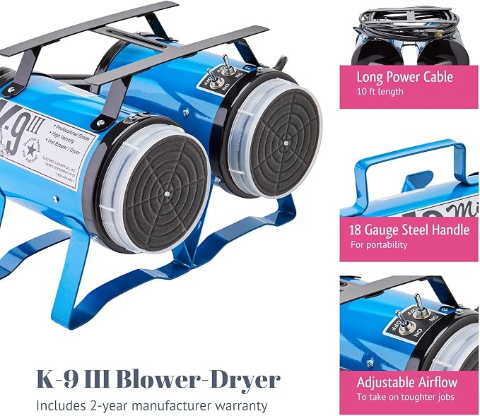 Electric Cleaner Company K9 III Dog Blow Dryer - High Power Grooming Dryer, Heavy Duty, 10' Hose, Deshedding, Silver