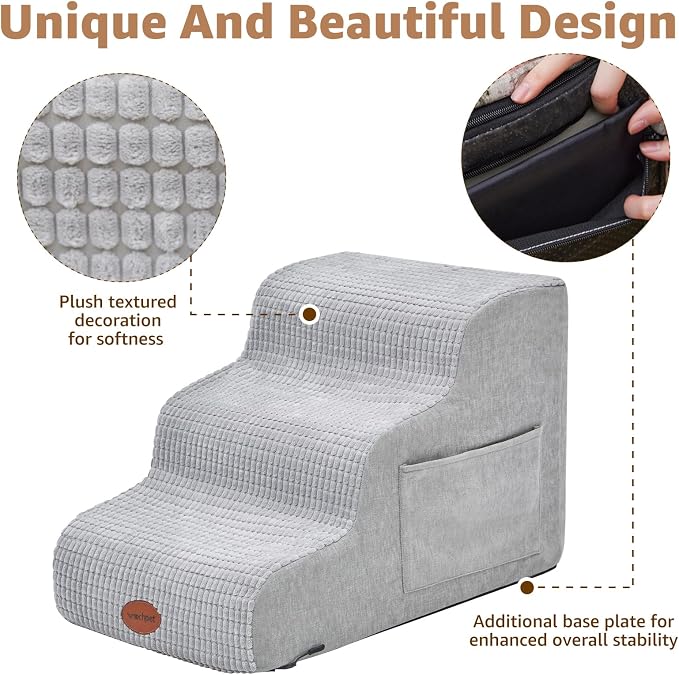 Woochpet Woochpet Dog Stairs for Small Dogs, 15.7”H Ramp 3 Tier Wider Curved Pet Stairs for Couch and Beds，Weighted Base Plate Indoor Dog Steps with Non-Slip Bottom and Washable Cover for Old Cats