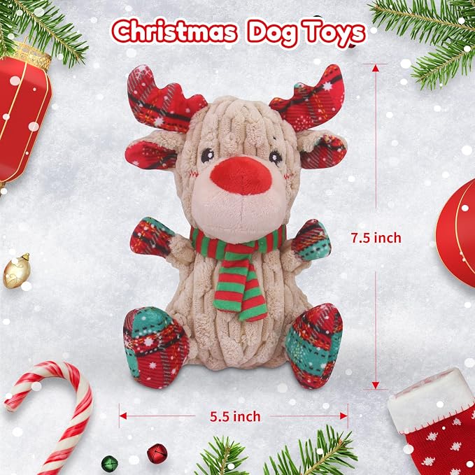 loncoldy Christmas Dog Toys, Funny Squeaky Reindeer Toy with Crinkle Paper Attract Pets, Interactive Plush Chew Toys, Adorable Christmas Elk Dog Gifts for Small Medium Large Dogs