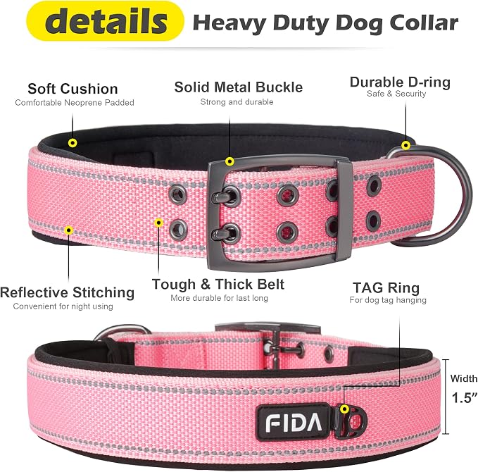 Fida Heavy Duty Dog Collar for Large Dogs with Metal Belt Buckle, Pink | 1.5" Width, Soft Neoprene Padded, Thicker Nylon Webbing, Adjustable Fit, Reflective Stitching for Night Safety