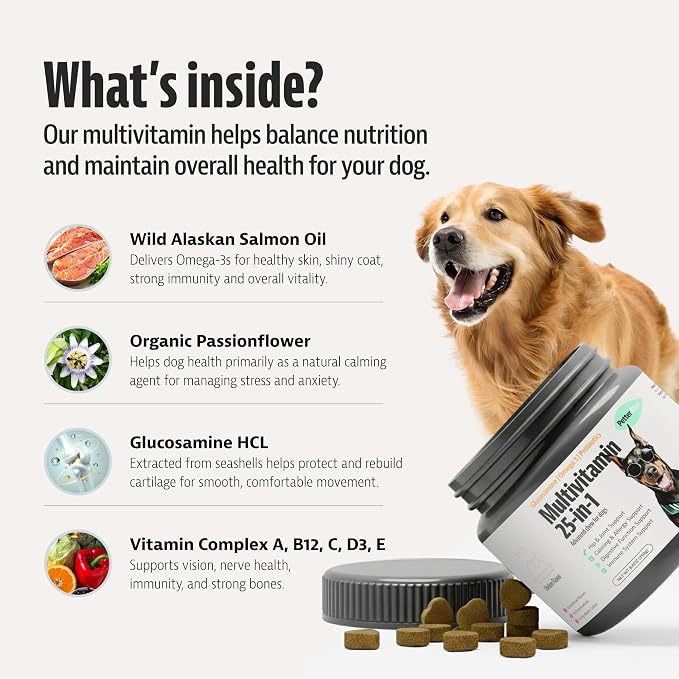 25-in-1 Dog Multivitamin (100 Chews) - Joint, Skin & Coat, Digestive, Immune & Calming Support - Daily Human Dog Vitamins with Glucosamine, Probiotics & Omega 3 - Chicken Flavor