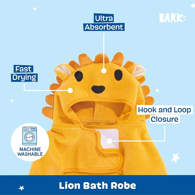 BARKBOX Dog Bathrobe - for Dogs - Medium | Fast Drying, Microfiber Bath Towel - Hook & Loop Closure and Wrap Tie - Machine Washable - Lion