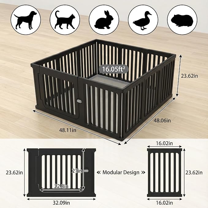 11 Panels Plastic Dog Playpen, Expandable & Durable Pet Fence - Indoor & Outdoor Portable with Secure Locking Door, Durable Safety Play Pen with Puppy, Cat, Small Animal(Black, 23.62" H)