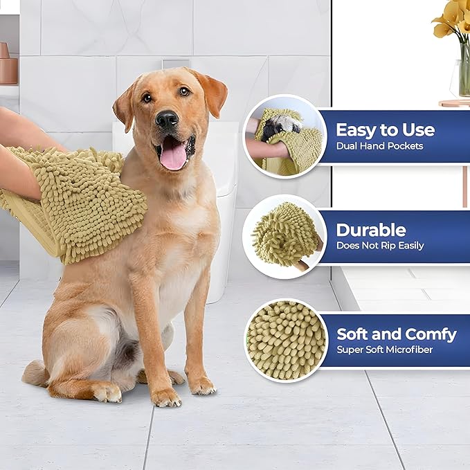 Muddy Mat Doggy Dryer, Highly Absorbent Microfiber Washable Dog Shammy Quick Drying Towel Absorber - Extra Soft Plush Wrap Chenille Bath Towels to Dry Soggy Large Pets & Small Puppy-Beige 19"x46"