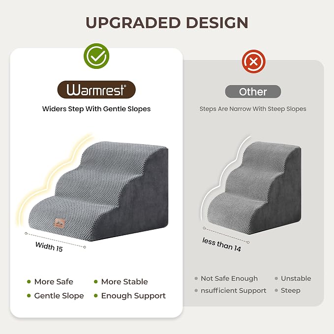 Dog Stairs for High Bed 13.5" H, 3-Step Dog Steps for Small Dogs and Cats, Pet Steps Ramp for Couch Sofa, Non-Slip Stable Indoor Pet Ladder with High Density Foam, Grey