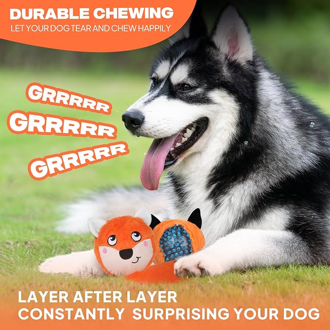 Fida Squeaky Dog Toys for Aggressive Chewers, 3 in 1, Tough Dog Ball | Dog Chew Toys with 3 Layers, to Keep Them Busy, Interactive for Small, Medium and Large Dogs, Gift Box, Fox