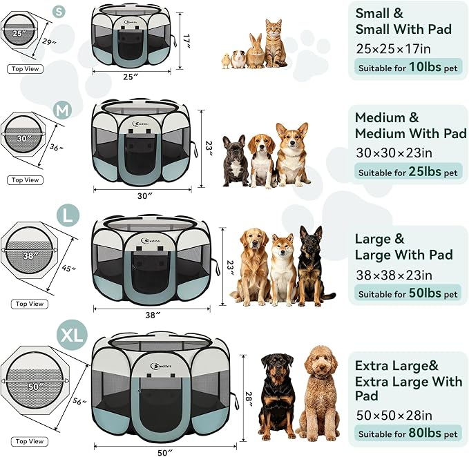 Siedihit Playpen for Extra Large Dog Cat, Dogs Tent Crate Cage Indoor/Outdoor, Portable Pop Up Dog Kennel with Carrying Bag for Rabbits, Removable Top (Grey, Extra Large)