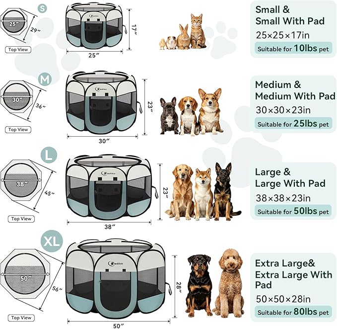 Siedihit Dog Cat Playpen, Puppy Pet Playpen Indoor for Small Dog Crate Tent Cage Outdoor, Portable Pop Up Dogs Enclosure Kennel with Carrying Case for Dogs/Cats/Rabbits(Grey, Small
