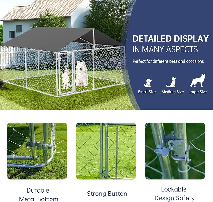 Petony 120"x 120" Outdoor Dog Enclosure Heavy Duty Dog Kennel House Mesh Dog Big Cage Pet Kennel Steel Fence with Secure Lock