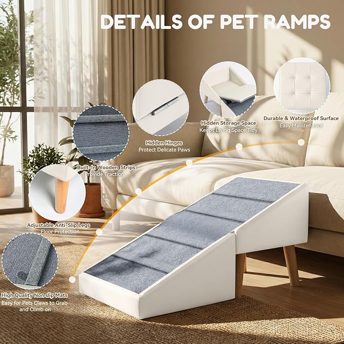 Dog Ramp for Small Dogs, 15.7" H 3-in-1 18.5" Extra Wide Foldable Ottoman & Hidden Storage Design Dog Stairs for Couch Sofa, Non-Slip Pet Steps for Puppy Senior Injured Dogs (White)