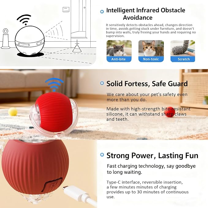 Cat Toy, 360° Automatic Rolling Smart Pet Ball Toys, Motion-Activated, Rechargeable, Four Modes, Three Speed Adjustment, Solve Your Cat's Boredom in Seconds (Blue)