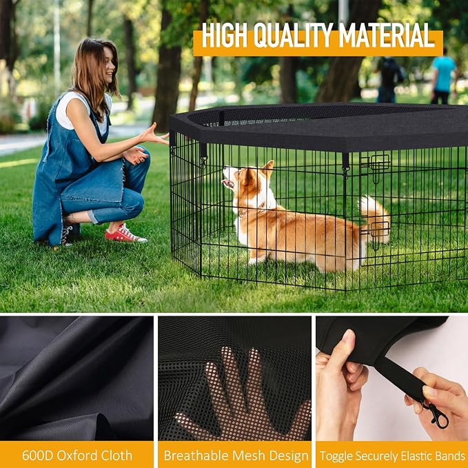 Dog Playpen Top Cover Only for 8 Panel 24 Inch Pet Playpen, Black Mesh Shade Cover for Small Medium Pets, Indoor Outdoor Use, Octagonal Shape, Fence Panels Not Included