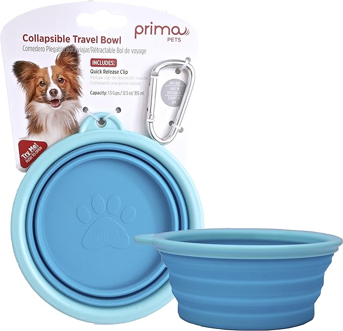 Prima Pet Expandable Collapsible Silicone Bowl with Clip, 1.5 Cups, Aqua