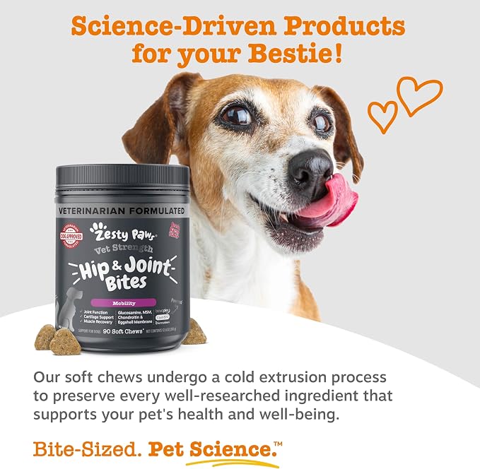 Zesty Paws Vet Strength Mobility Bites Beef & Bacon Flavor Hip & Joint Support Chews for Dogs with Glucosamine, Chondroitin, MSM, Hyaluronic Acid & Serrazimes - 90 Count (Pack of 2)