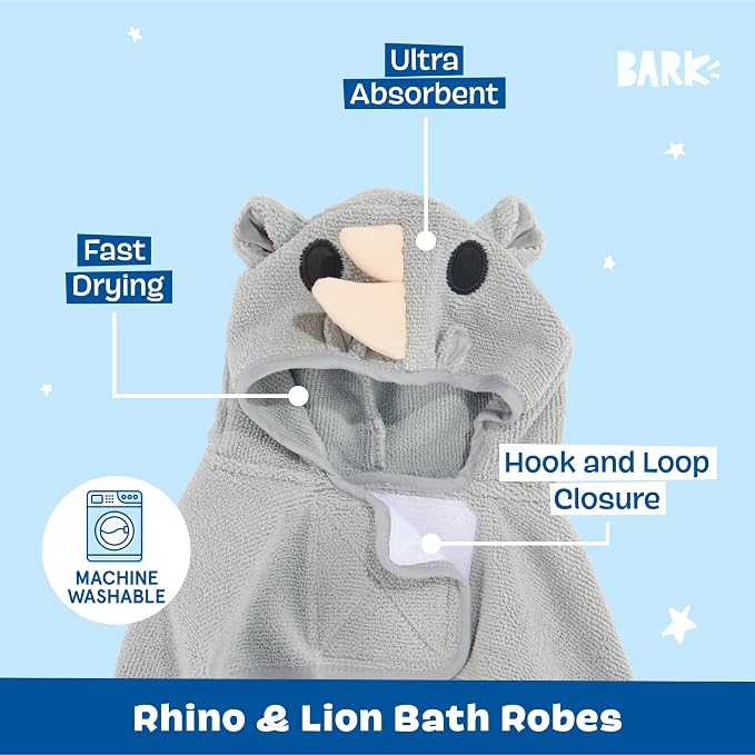 BARKBOX Dog Bathrobe - 2 Pack - for Dogs - Small | Bundle - Fast Drying, Microfiber Bath Towel - Hook & Loop Closure and Wrap Tie - Machine Washable - Lion & Rhino