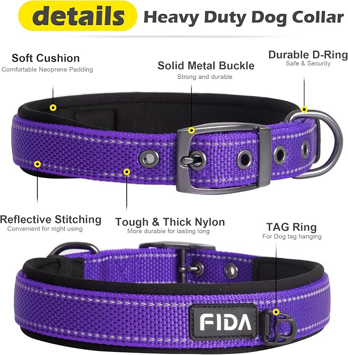 Fida Heavy Duty Dog Collar for Large Dogs with Metal Belt Buckle, Purple | Soft Neoprene Padded for Extra Comfort, Thicker Nylon Webbing, Adjustable Fit, Reflective Stitching for Night Safety