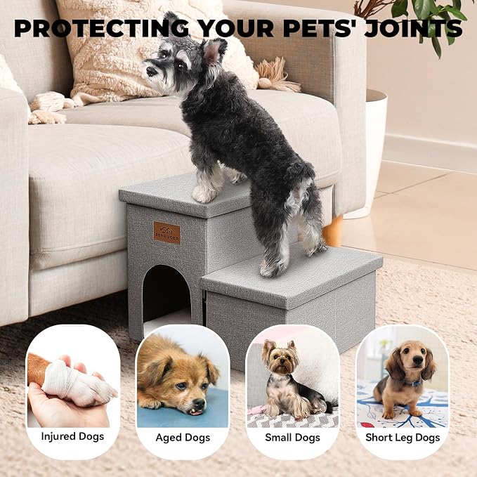 Zerbuger Dog Stairs 15" H, 2-Step Wider Dog Steps for Small/Medium/Large Old Dogs Cats, Folding Sturdy Storage Pet Stairs Climbing Bed Couch, Dog Ramp for Car Hold Up to 150 lbs(Gray, with Condo)