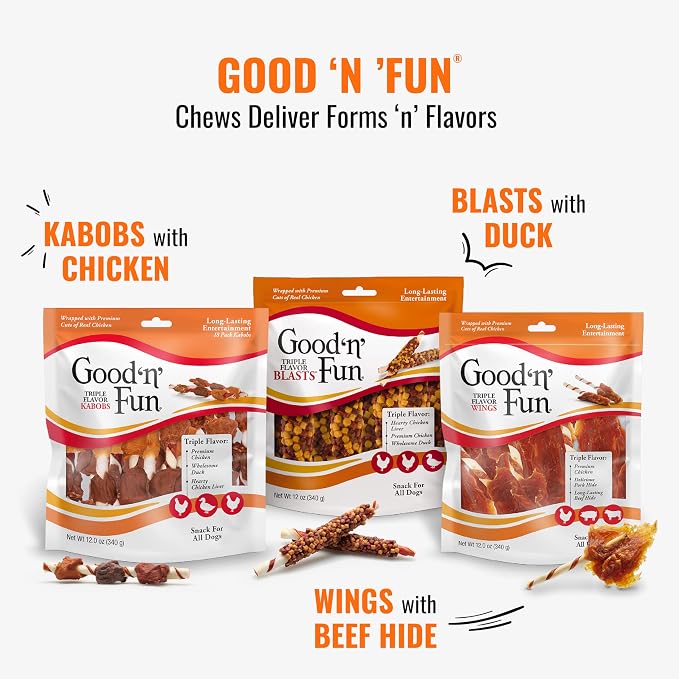Good ‘n’ Fun Triple Flavor Kabobs Chews for All Dogs, 24 Ounces, Treat Your Dog to Long-Lasting Chews Made from Beef Hide, Real Chicken, Pork Hide, Duck and Chicken Liver