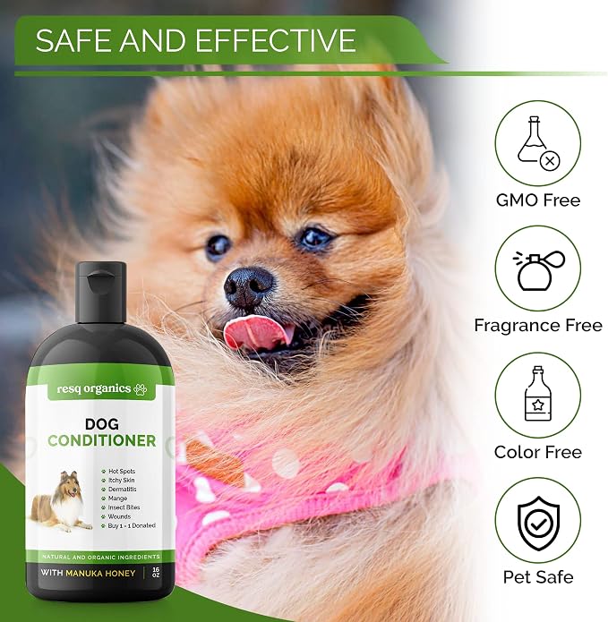 Hypoallergenic Dog Coat Conditioner- Detangles & Softens Fur, Calms Itching & Dryness, Organic Aloe Vera & Manuka Honey Soothes The Skin, Reduces Dandruff, Shedding, Scratching and More 16oz