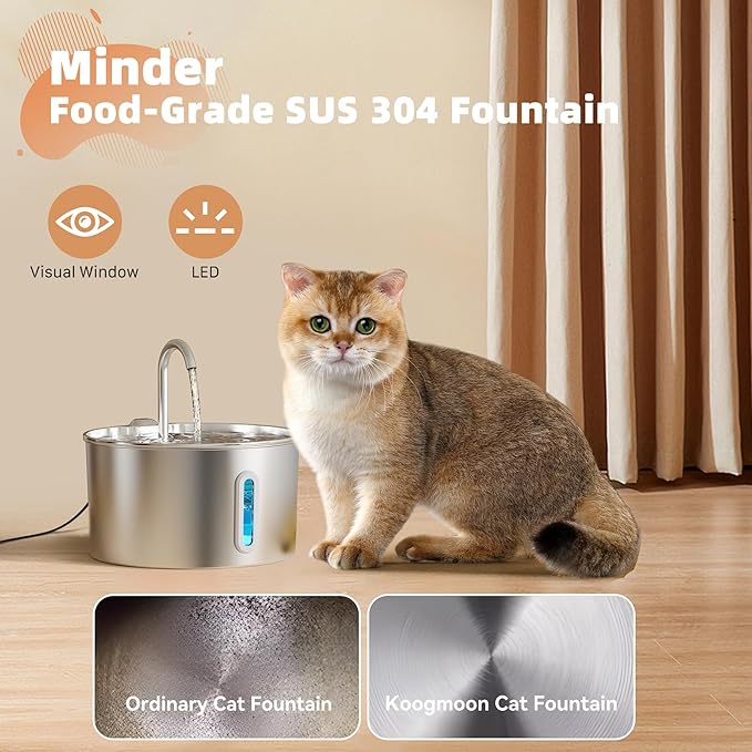 Cat Water Fountain Stainless Steel: 74oz/2.2L Cat Fountain for Drinking - Pet Water Fountain for Cats Inside - Automatic Cat Water Dispenser Bowl - Cat Feeding & Watering Supplies 6 Filters 3 Sponges
