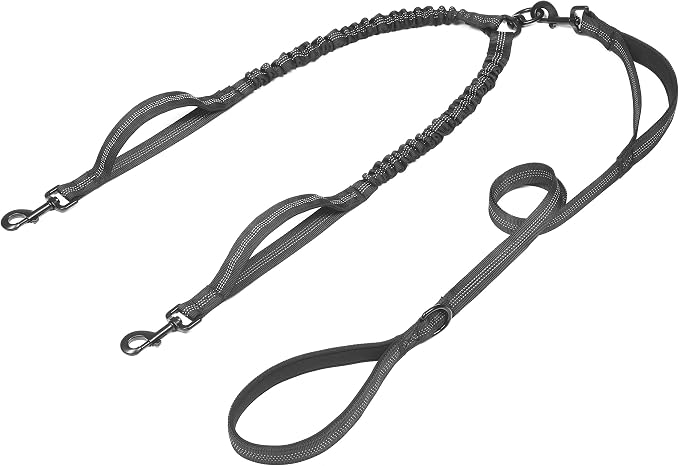 iYoShop Double Dog Leash with 3 Extra Traffic Handles, 15-120 lbs, Black | 360 Swivel No Tangle, Dual Dog Walking, Shock Absorbing Reflective Bungee, for Two Dogs