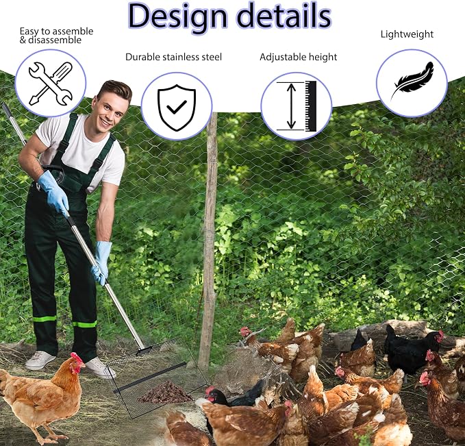 15inch Large Metal Chicken Poop Scooper for Sand, Chicken Pooper Scooper with 39 to 76" Adjustable Stainless Steel Handle, Litter Scooper Sand Sifting Shovel for Dogs, Cats, Chicken Coop Accessories