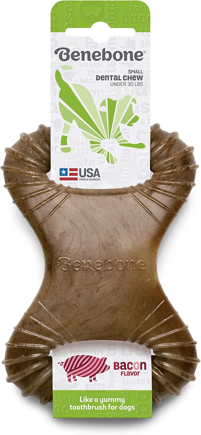 Benebone Dental Durable Dog Chew Toy for Aggressive Chewers, Real Bacon, Made in USA, Small & Fishbone Durable Dog Chew Toy for Aggressive Chewers, Real Fish, Made in USA, Small