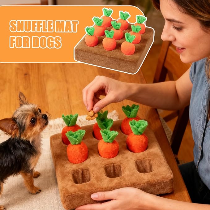Interactive Dog ToysSqueak Carrot Snuffle Mat for Dogs Plush Puzzle Toys 2 in 1 Non-Slip Feed Games for Pet Stress Relief with 12 Carrots, for Small Medium Large Senior Kitten Enrichment