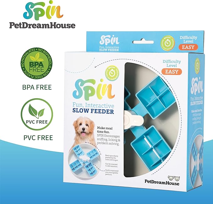 PetDreamHouse Spin Interactive Slow Feeder Bowl for Dogs - Windmill - Skill Level: Easy - Fun and Healthy Feeding with Movable, Adjustable Center Puzzle Piece for All Dogs and Food Types