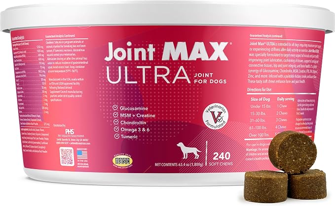 Ultra Advanced Hip & Joint Support for Dogs – All-in-One Soft Chews with Glucosamine, MSM, Omega-3s (EPA & DHA), Hyaluronic Acid & Boswellia – Maximum Strength Mobility & Comfort – 240 Chews