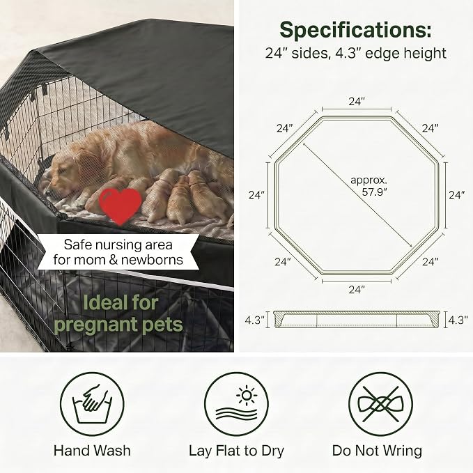 PJYuCien Octagonal Playpen Top Cover for 24" Side Metal Pet Pen, Half Mesh Half Oxford with Silver Coating & Snap Hooks, Predator & Weather Protection, Cozy Den for Puppy Small Animals, Black