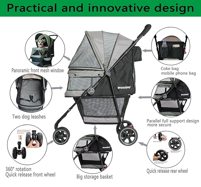 ROODO Escort 3-Wheel Pet Stroller - Grey, All-Terrain Jogger