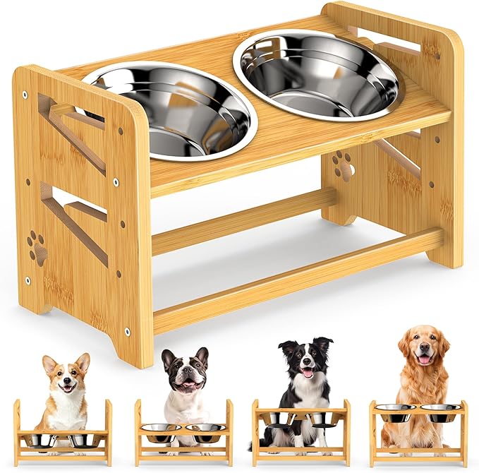 Elevated Dog Bowls, Adjustable Raised Dog Bowl Stand for Medium and Small Pet, 11" High Bamboo Pet Food Feeder with 2 Stainless Steel Dishes（4 Heights）