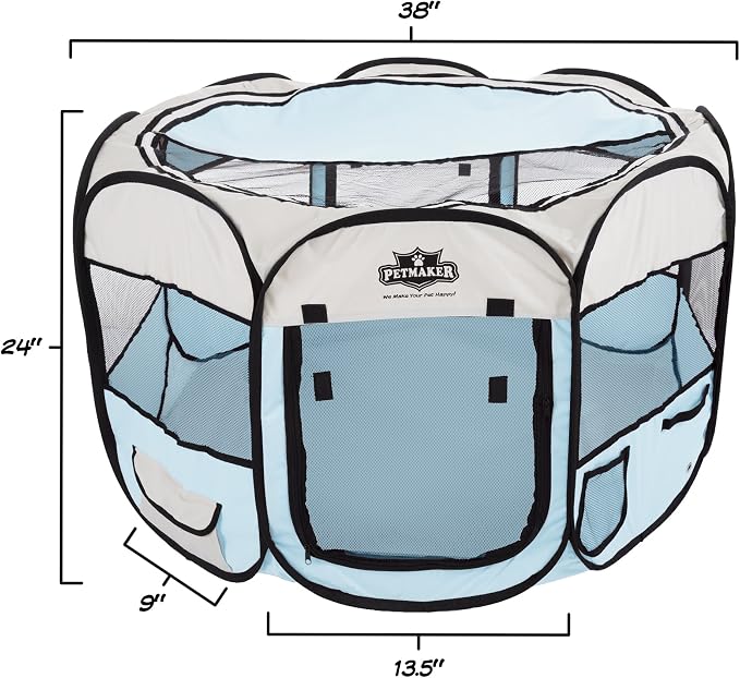 Pop-Up Pet Playpen - 38-Inch Indoor and Outdoor Dog Kennel with Carrying Bag - Portable Pet Enclosure for Dogs and Small Animals by PETMAKER (Blue)