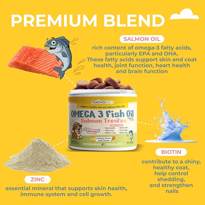 Omega 3 for Dogs Fish Oil Salmon Treats. Dog Skin & Coat Support 120 Chews