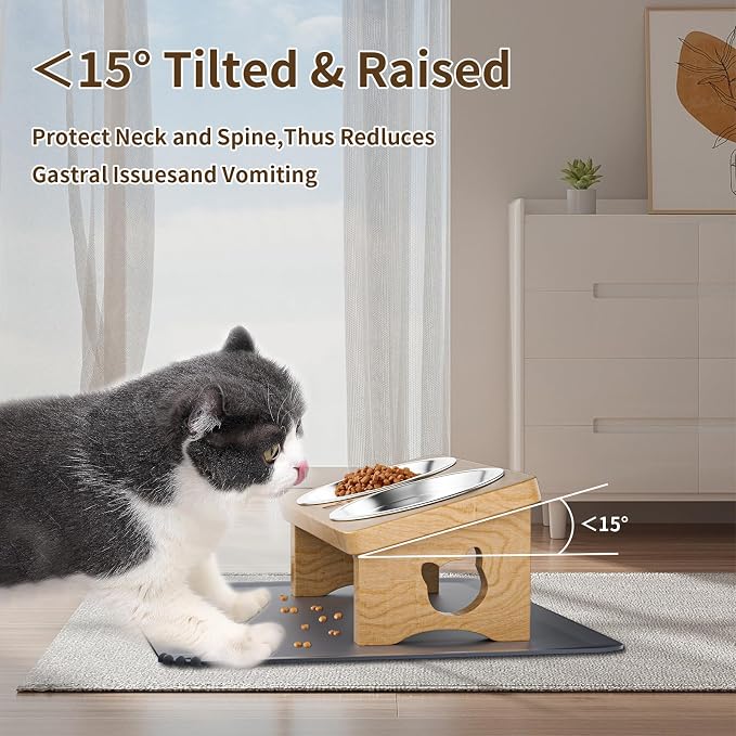 Elevated Cat Bowls, 15° Tilted Raised Cat Food Bowl with Solid Wood Stand & Stainless Steel Dishes, Cat Feeding Station with Silicone Mat, Helps Reduce Vomiting for Cats & Small Dogs(Natural)